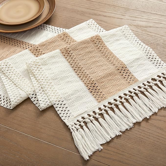 ZeeMart Macrame Style Bicolor Stitching Table Runner, 14 x 108 Inch Beige/Ivory, Boho Light Tan Table Runners 108 Inches Long, Farmhouse Woven Home Decor