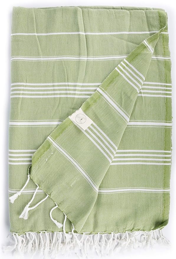 Bersuse Towels Anatolia XL Beach Blanket Throw Blanket Turkish Towel 100% Cotton Extra-Large Quick-Dry Lightweight Premium Peshtemal Towel - 61x82 Inches, Olive Green (Set of 6)