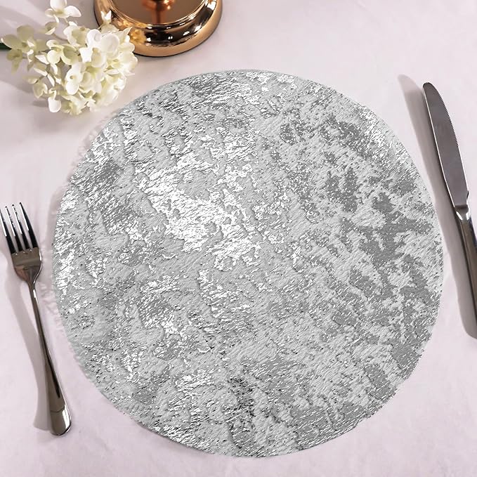 Snowkingdom Silver Disposable Placemats Set of 50 Foil Mesh 13 Inch Round Table Mates Bulk 50 Pack Silver Doilies for Dining Table Wedding Birthday Party Holiday Home Decoration