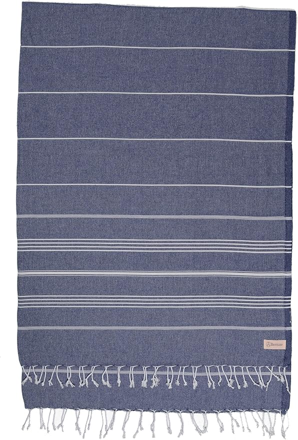 Bersuse Towels Anatolia XL Beach Blanket Throw Blanket Turkish Towel 100% Cotton Extra-Large Quick-Dry Lightweight Premium Peshtemal Towel - 61x82 Inches, Dark Blue