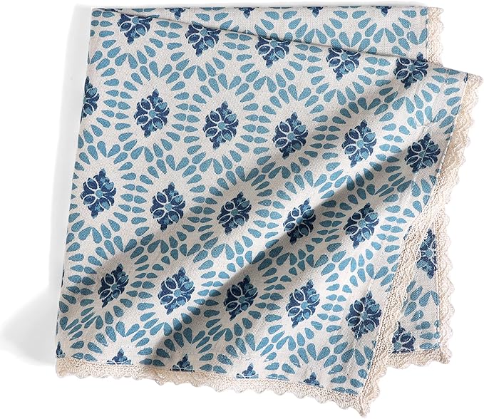 FINGERCRAFT Dinner Cloth Napkin Cotton Linen Blend 12 Pack Mitered Corners with Elegant Lace for Everyday Use Napkins are Pre Shrunk and Good Absorbency (Moroccan, 20in x 20in)