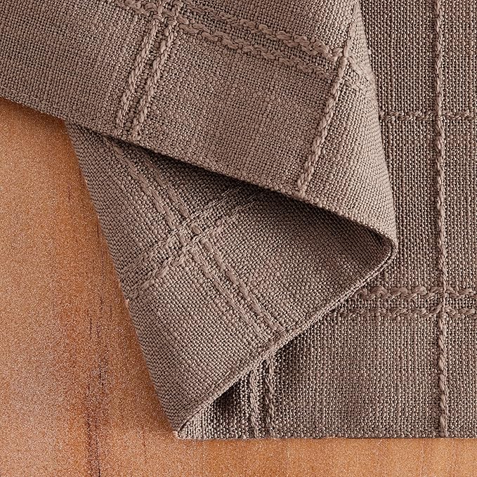 ZeeMart Linen Checked Placemats Set of 6, Plaid Embroidery Textured Table Mats, Double Layer Thick Farmhouse Rustic Place Mats for Kitchen Dining Table Home Decor, Cocoa Brown 13x19 Inch