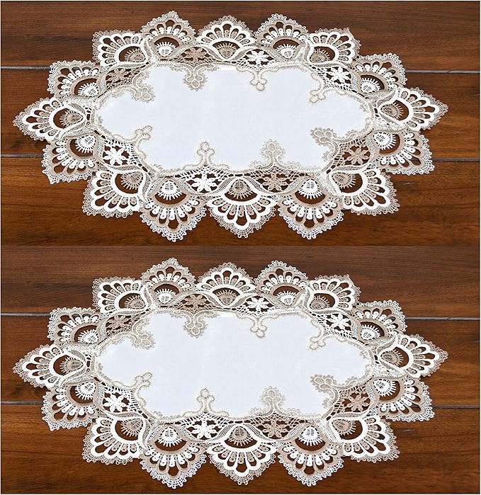 LINENS ART AND THINGS Lace Placemats Cocoa Earth Tone and White Jacquard European Peacock Dresser Scarf Doily (12Wx21L Set of 2)