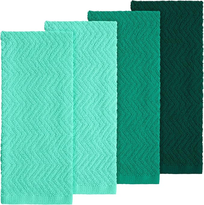 DecorRack 100% Cotton Kitchen Towels, 15" x 25" Absorbent Dish Towels [Premium Quality 400 GSM] Forest Set, Teal/Green (Pack of 4)