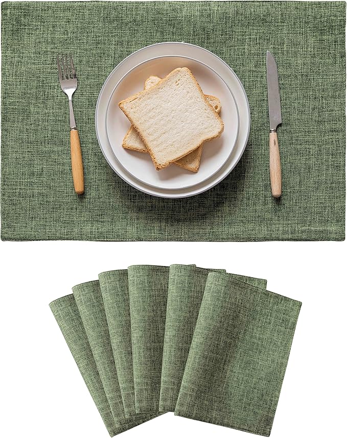 Home Brilliant Linen Cloth Placemats Set of 6 Heat Resistant Dining Table Place Mats Kitchen Washable Dining Mats for Dinner Spring Decor, Green