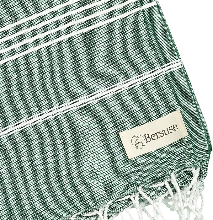 Bersuse Towels Anatolia XL Beach Blanket Throw Blanket Turkish Towel 100% Cotton Extra-Large Quick-Dry Lightweight Premium Peshtemal Towel - 61x82 Inches, Forest Green (Set of 3)