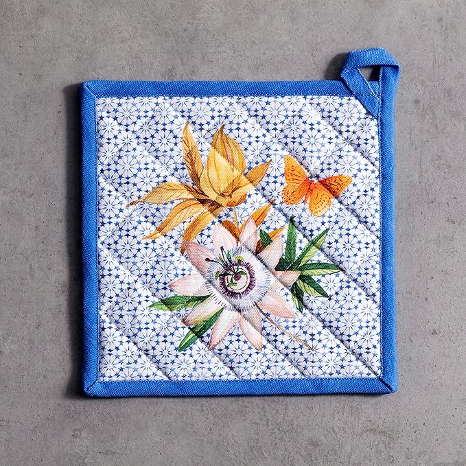 Maison d' Hermine Pot Holders 100% Cotton Heat Resistant Potholders 8" x 8" Hot Pads with Loop BBQ Cooking Baking Gifts for Mothers Day Handling Hot Pans Spring/Summer (Pack of 1, Passiflora)