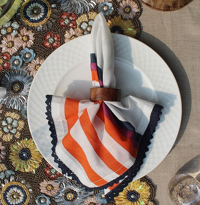 COTTON CRAFT Cloth Napkin - Set of 12 Pure Cotton Slub Harvest Orange Lace Trim Dinner Napkins - Fall Thanksgiving Xmas Holiday Table Celebration Festive Party Thick Washable Reusable Napkin -18x18
