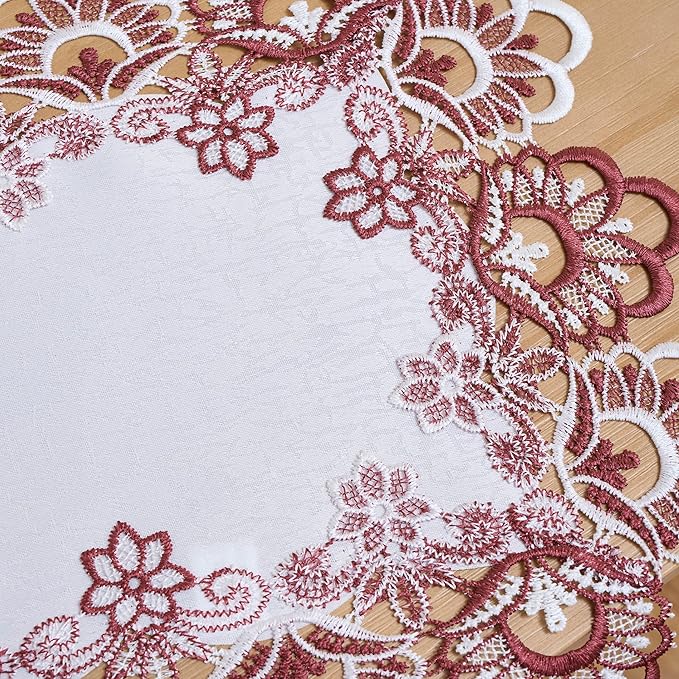 White Red Linen Placemats 14”x20” Set of 2, Neutral Lace Coffee Table Topper Dresser Scarf Place Mats (Set of 2, Red)