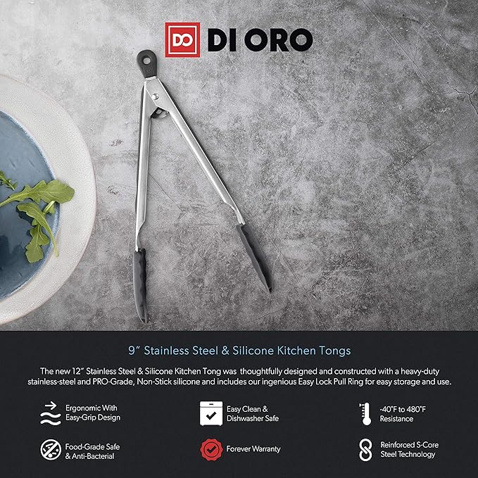 New DI ORO 9-Inch Kitchen Tongs – Stainless Steel with Non-Stick 480°F Heat-Resistant BPA Free Silicone Tips – Great Tool for Cooking, Serving, and Barbecuing - Dishwasher Safe and Easy to Clean Black