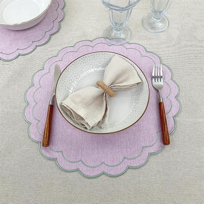 Linen Cotton Placemats Set of 4 Scalloped Flower Embroidery Place Mats 15'' Natural Linen Texture Fabric Machine Washable Table Mats for Restaurant Kitchen,Table Decor(Lilac)