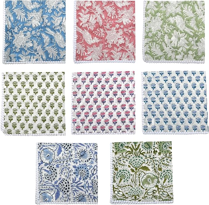 CPC Cloth Napkins 100% Cotton Set of 4 Reusable Napkins, Indian Block Print Toile Floral Dinner Napkin, Fall Thanksgiving Christmas Holiday Party Gift - Soft Absorbent Napkin, 18"x18" Mix Pom Pom