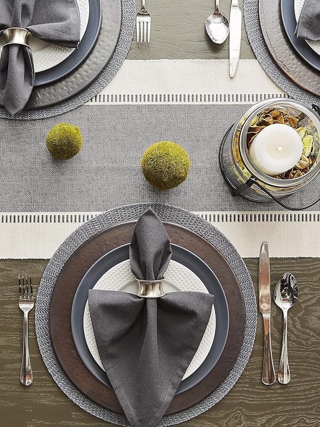 DII Dobby Stripe Woven Table Runner, 13x72 (13x77.5, Fringe Included), Mineral Gray