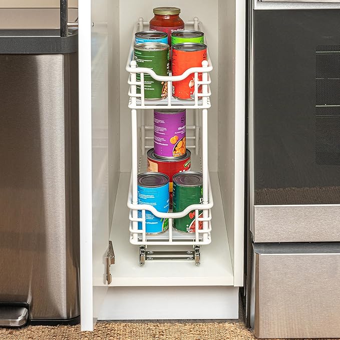Household Essentials Glidez Multipurpose Paint-Finished Steel Pull-Out/Slide-Out Storage Organizer with Plastic Liners for Under Cabinet Use - 2-Tier Design, White