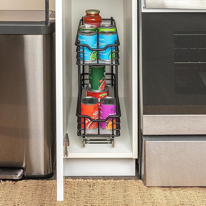 Household Essentials Glidez Multipurpose Paint-Finished Steel Pull-Out/Slide-Out Storage Organizer with Plastic Liners for Under Cabinet Use - 2-Tier Design, Black