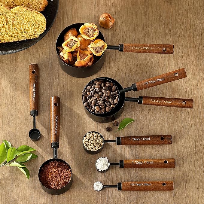 8PCS Measuring Cups and Spoons Set, DV Stainless Steel Measuring Cups with Ergonomic Wooden Handle for Cooking & Baking
