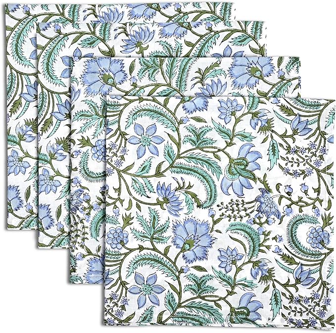Ridhi Columbia Blue Hand Block Print 100% Cotton Napkins 18" x 18" (Set of 4) Reuseable Kitchen Napkins Cloth Decor Dinner Party Wedding Cocktail Gift for Spring, Easter, Valentine