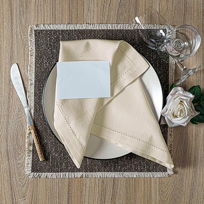 Hausattire Cloth Dinner Napkin Flax Fall Hemstitched Mitered Corner 20x20 Inch Natural Easter Basket Decor Soft Durable Table Linen Napkins Ideal for Halloween,Cocktail Parties