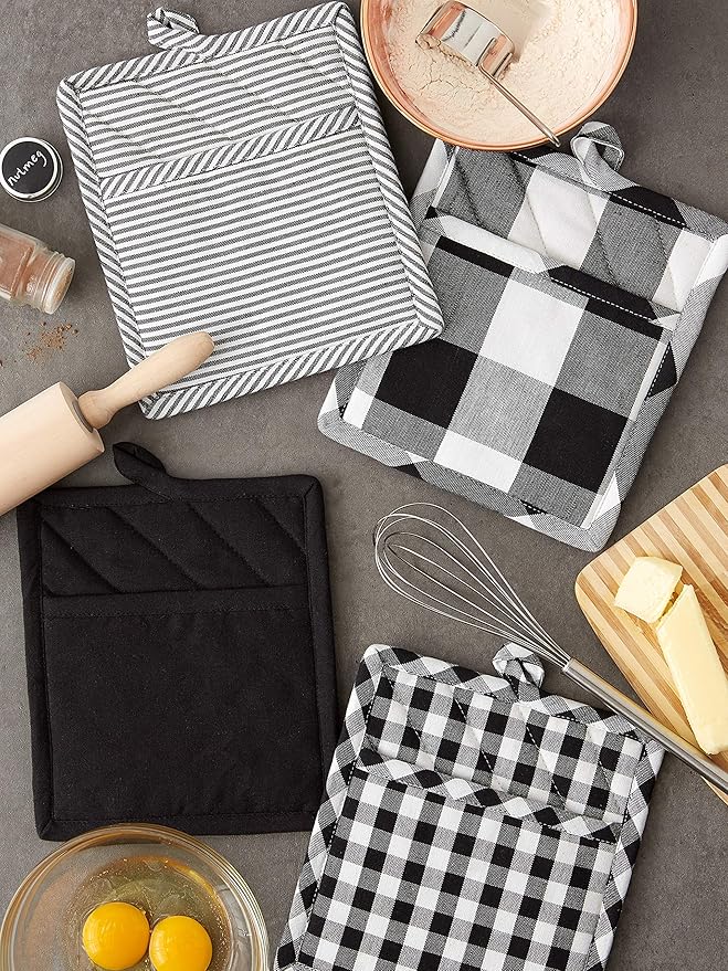 DII Gingham Check Kitchen Collection, Black, Potholder Set