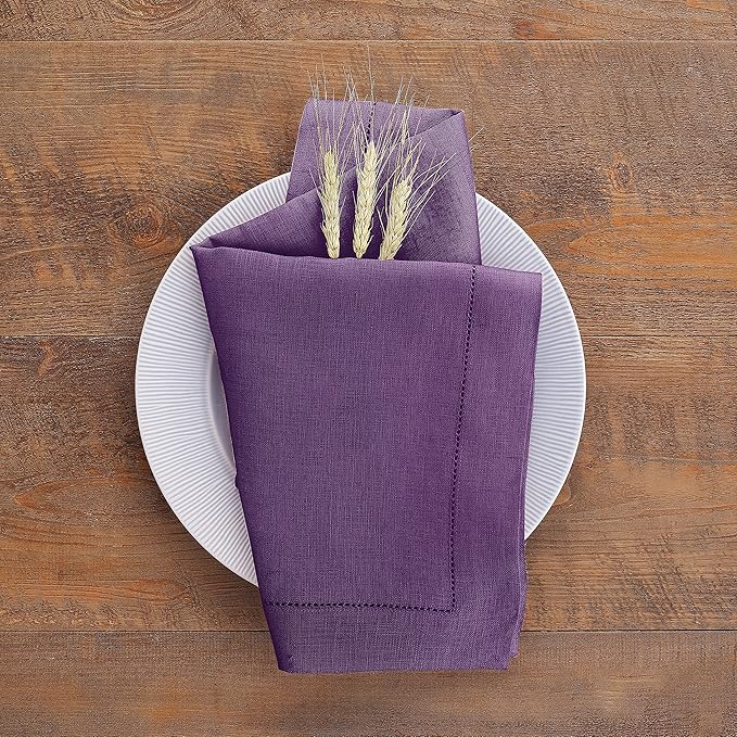 Solino Home Purple Linen Napkins Set of 4-100% Pure Linen Hemstitch Dinner Napkins 20 x 20 Inch for Mothers Day, Spring, Summer - Classic Hemstitch