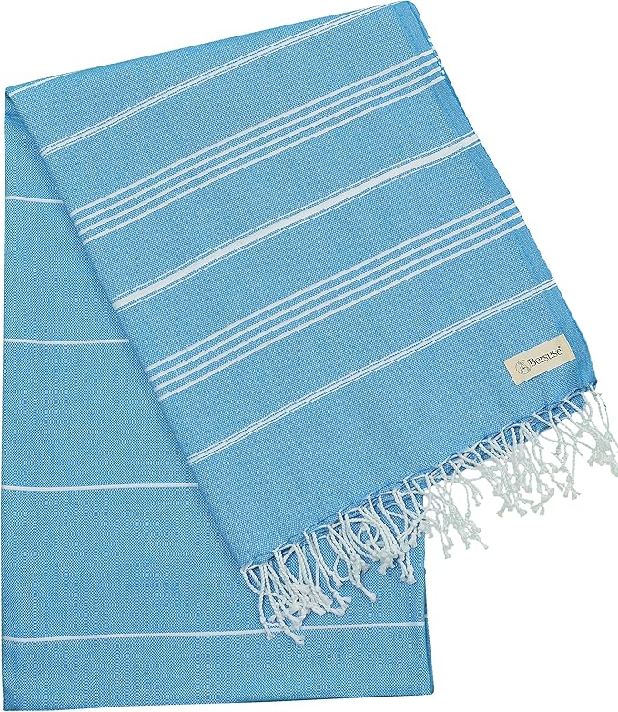 Bersuse Towels Anatolia XL Beach Blanket Throw Blanket Turkish Towel 100% Cotton Extra-Large Quick-Dry Lightweight Premium Peshtemal Towel - 61x82 Inches, Ocean Blue