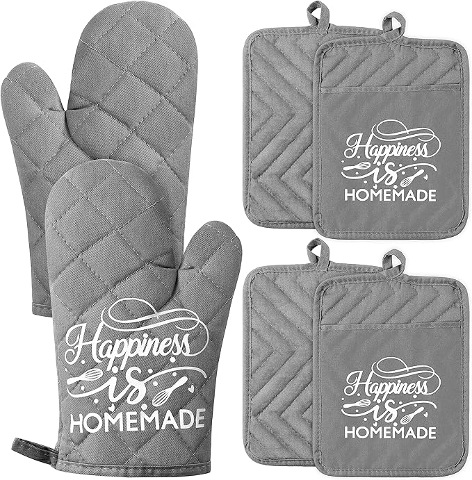 GROBRO7 6Pcs Cotton Oven Mitts and Pot Holders Set Happiness is Homemade Heat Resistant Hot Pad Machine Washable Microwave Gloves with Hanging Loop Pocket Potholder for Kitchen Baking Cooking Grilling